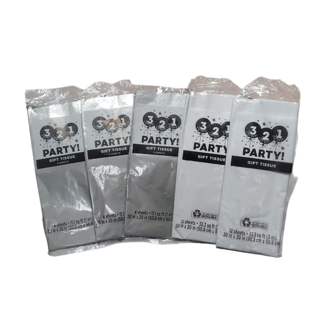 Lot of 321 Party 5 Gift Tissue Paper Packs 3 Silver & 2 White NIP
